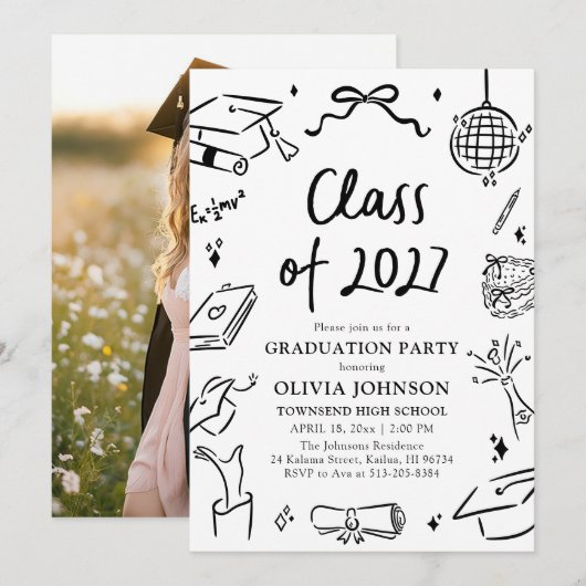 Modern Hand Drawn Class of 2027 Graduation Party Einladung (Vorne/Hinten)