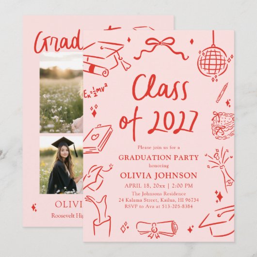 Modern Hand Drawn Class of 2027 Graduation Party Einladung (Vorne/Hinten)