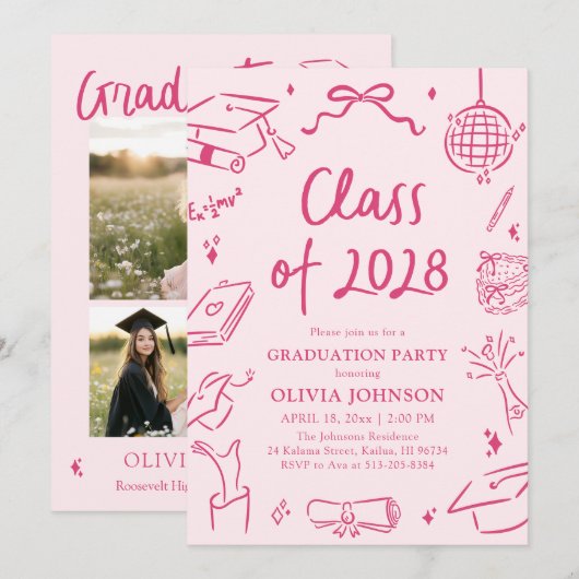 Modern Hand Drawn Class of 2028 Graduation Party Einladung (Vorne/Hinten)