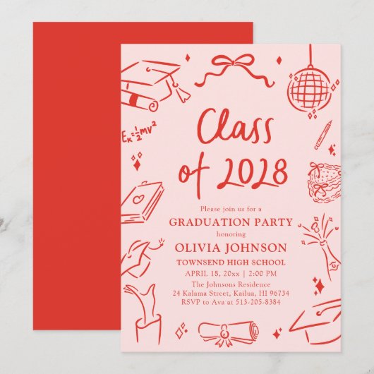 Modern Hand Drawn Class of 2028 Graduation Party Einladung (Vorne/Hinten)