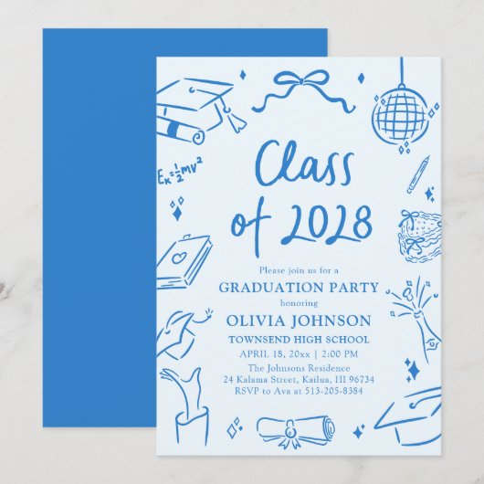 Modern Hand Drawn Class of 2028 Graduation Party Einladung (Vorne/Hinten)