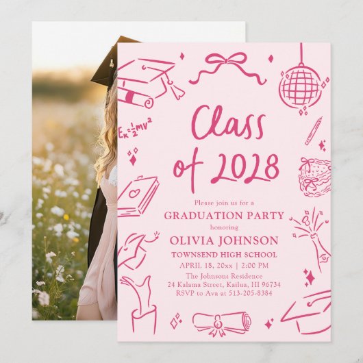 Modern Hand Drawn Class of 2028 Graduation Party Einladung (Vorne/Hinten)