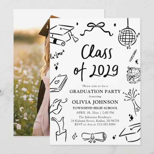 Modern Hand Drawn Class of 2029 Graduation Party Einladung (Vorne/Hinten)