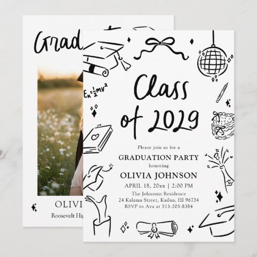 Modern Hand Drawn Class of 2029 Graduation Party Einladung (Vorne/Hinten)
