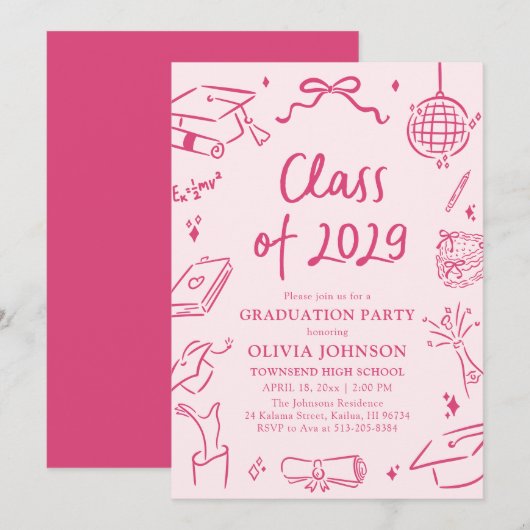 Modern Hand Drawn Class of 2029 Graduation Party Einladung (Vorne/Hinten)