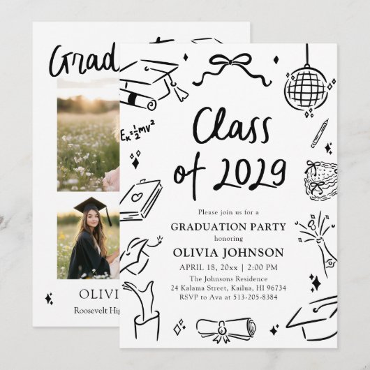 Modern Hand Drawn Class of 2029 Graduation Party Einladung (Vorne/Hinten)