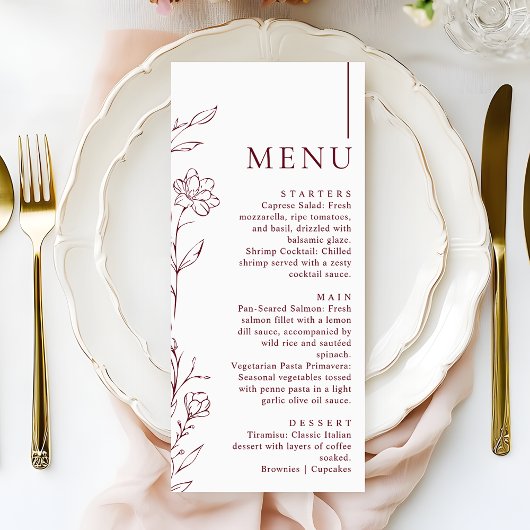 Modern Hand Drawn Floral Burgundy Wedding Dinner Menükarte