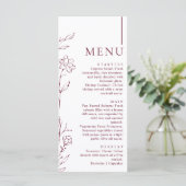 Modern Hand Drawn Floral Burgundy Wedding Dinner Menükarte (Stehend Vorderseite)