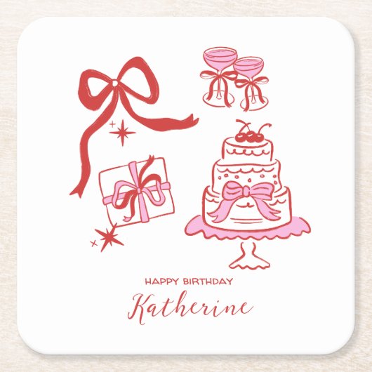 Modern Hand Drawn Red Pink Birthday Doodles Party Rechteckiger Pappuntersetzer (Vorderseite)