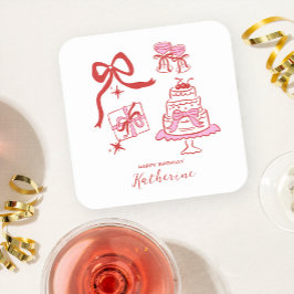 Modern Hand Drawn Red Pink Birthday Doodles Party Rechteckiger Pappuntersetzer