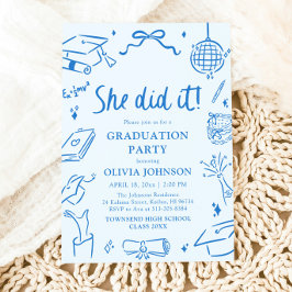 Modern Hand Drawn She did it Blue Graduation Party Einladung