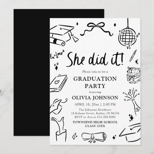 Modern Hand Drawn She did it Graduation Party Einladung (Vorne/Hinten)