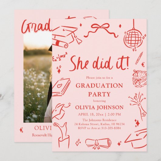 Modern Hand Drawn She did it Graduation Party Einladung (Vorne/Hinten)
