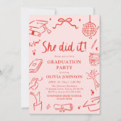 Modern Hand Drawn She did it Graduation Party Einladung (Vorderseite)