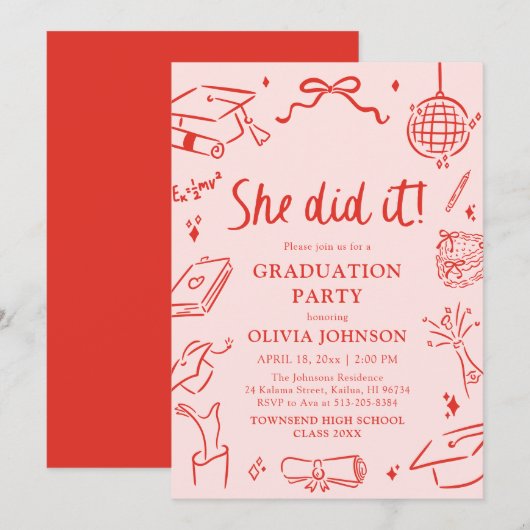 Modern Hand Drawn She did it Graduation Party Einladung (Vorne/Hinten)