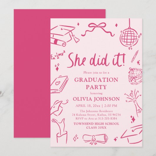 Modern Hand Drawn She did it Pink Graduation Party Einladung (Vorne/Hinten)