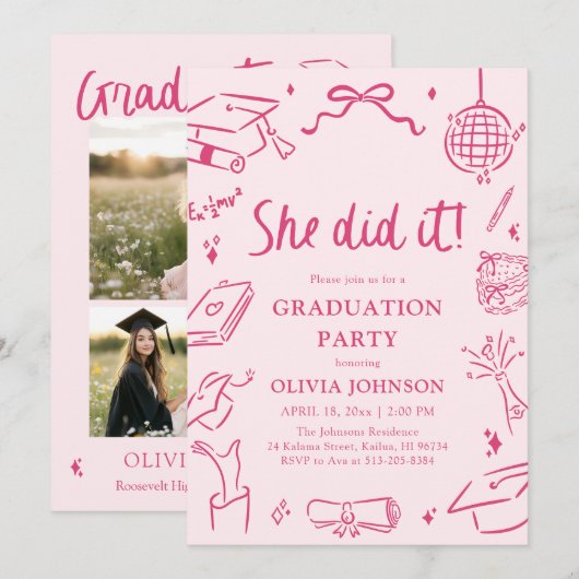 Modern Hand Drawn She did it Pink Graduation Party Einladung (Vorne/Hinten)