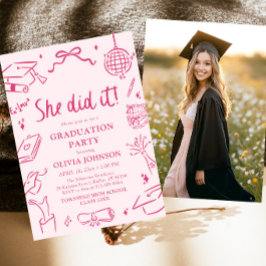 Modern Hand Drawn She did it Pink Graduation Party Einladung