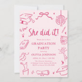 Modern Hand Drawn She did it Pink Graduation Party Einladung (Vorderseite)