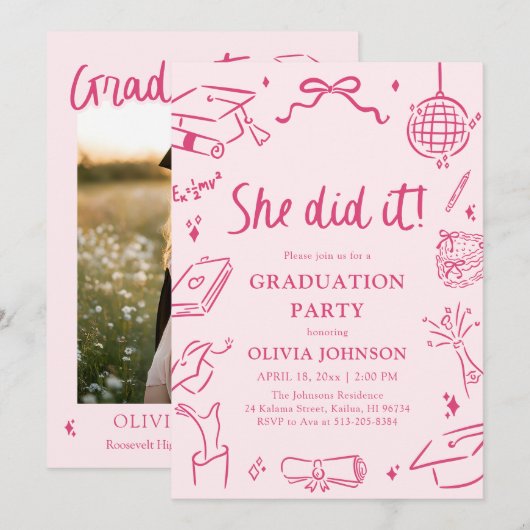 Modern Hand Drawn She did it Pink Graduation Party Einladung (Vorne/Hinten)