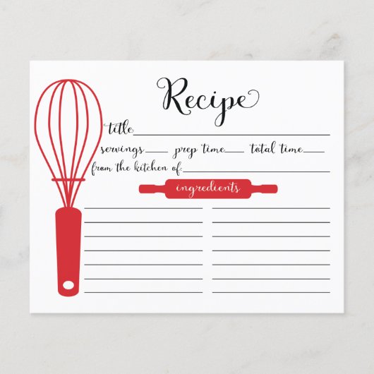 Modern Hand Letted Red Whisk Recipe Card (Vorderseite)
