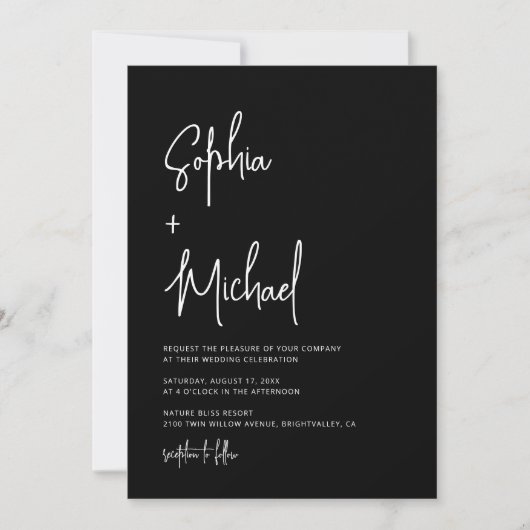 Modern Hand Lettering Script Black White Wedding Einladung (Vorderseite)