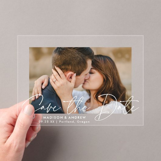 Modern handgeschriebenes White Script Save the Dat Acryleinladungen (Insitu (Handheld))