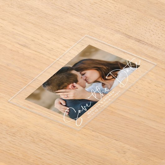 Modern handgeschriebenes White Script Save the Dat Acryleinladungen (Ablage )