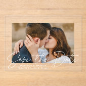 Modern handgeschriebenes White Script Save the Dat Acryleinladungen (Vorderseite)