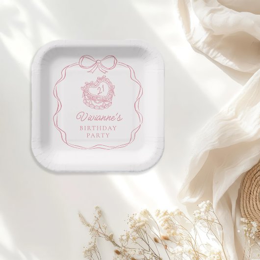 Modern handgezeichneter Bow Pink Girl Geburtstag Pappteller