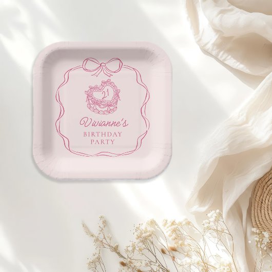 Modern handgezeichneter Bow Pink Girl Geburtstag Pappteller