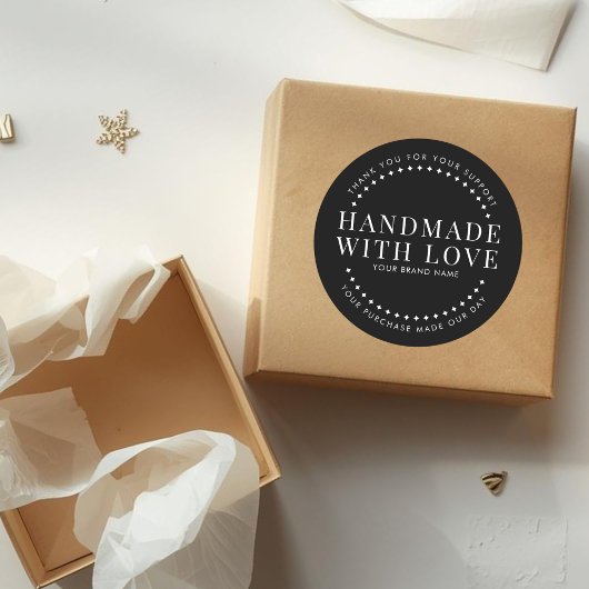 Modern handmade with love black thank you runder aufkleber