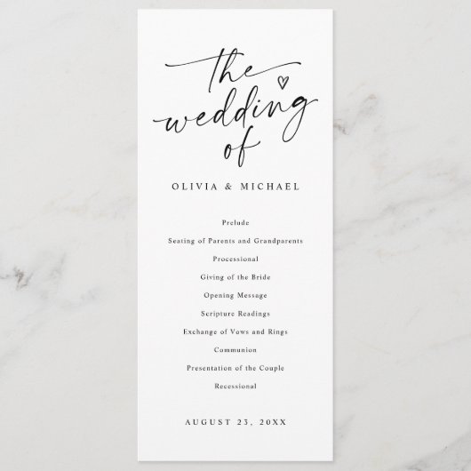 Modern Handwriting Black & White Wedding Ceremony Programm (Vorderseite)