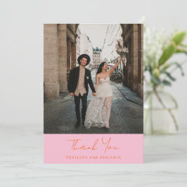 Modern Handwritten Pink Orange Wedding Photo Dankeskarte