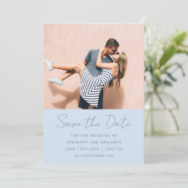 Modern Handwritten Soft Blue Wedding Photo Save The Date