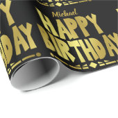 Modern Happy Birthday Black Gold Typografie Geschenkpapier (Rolleneckpunkt)