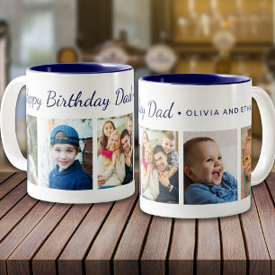 Modern Happy Birthday Dad 5 Foto-Collage Blau Zweifarbige Tasse