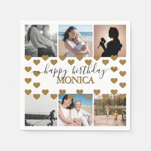 Modern Happy Birthday Foto Collage Name Script Serviette (Vorderseite)