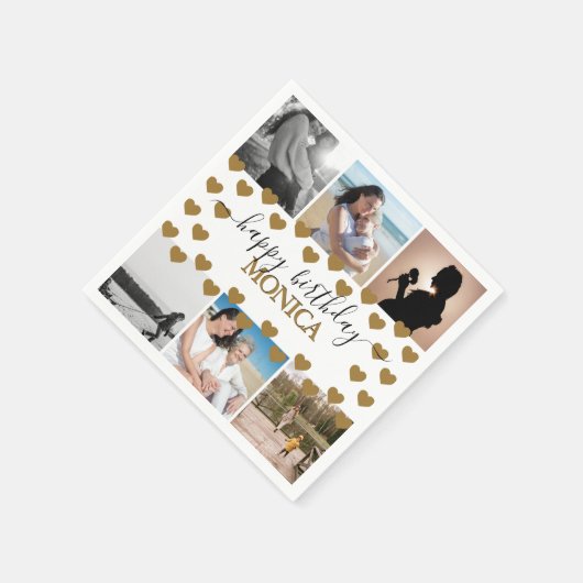 Modern Happy Birthday Foto Collage Name Script Serviette (Ecke)