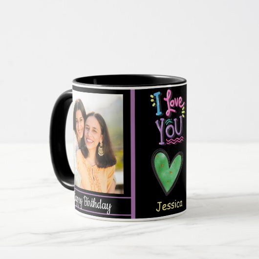 Modern Happy Birthday Foto und Name Tasse (Vorderseite Links)