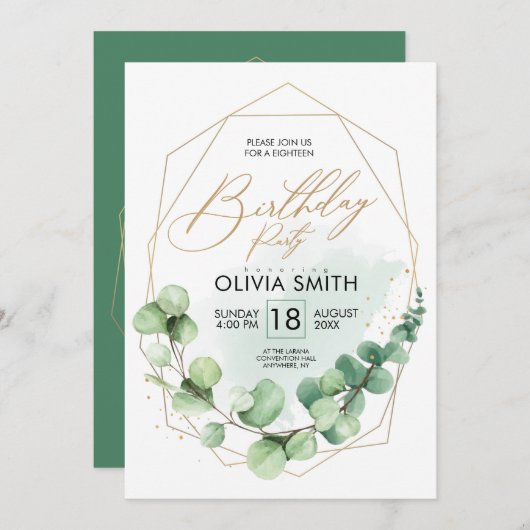 Modern Happy Birthday Party Eukalyptus Greenery Einladung (Vorne/Hinten)