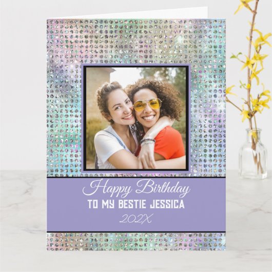 Modern Happy Birthday Pastel Bestie Photo & Name Karte (Gelbe Blume)