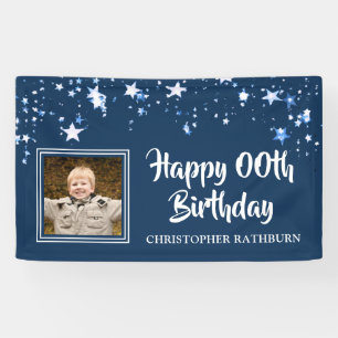 Modern HAPPY # Birthday Stars Foto Name Blau Banner