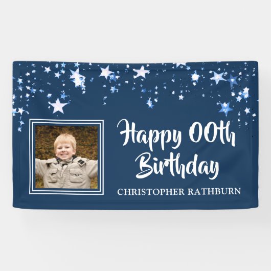 Modern HAPPY # Birthday Stars Foto Name Blau Banner (Horizontal)