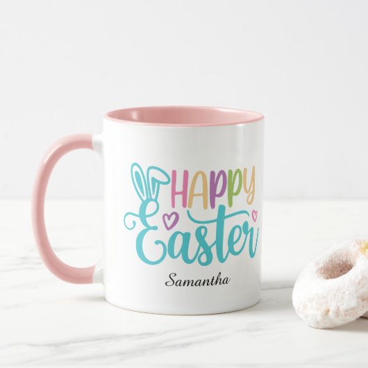 Modern Happy Easter Typography Customizable Name Tasse (Mit Donut)
