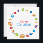 Modern Happy Hanukkah Dreidel Star Sufganiyah<br><div class="desc">Dieses Urlaubsdesign zeigt den Text "Happy Hanukkah" in der modernen rot-blauen Typografie umgeben von dreidels,  Goldmünzen,  Sternen und Sufganiyah. #hanukkah #chanukah #holidays #seasonal #festive #modern #dreidel #star #coin #gold #starofdavid #design #designer #cards #greetings #greetingcards #stationation</div>