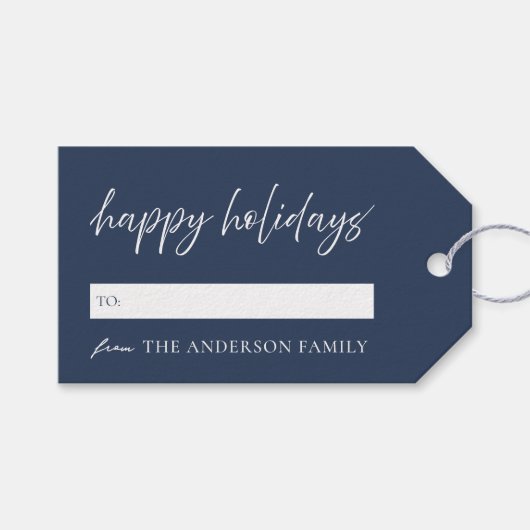 Modern Happy Holidays Blue Christmas Geschenkanhänger (Vorderseite (Horizontal))