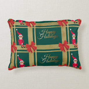 Modern Happy Holidays Gold Green Tartan Dekokissen