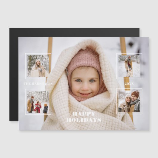Modern Happy Holidays Thin Line Border 5-Photo Magnetkarte (Vorne/Hinten)
