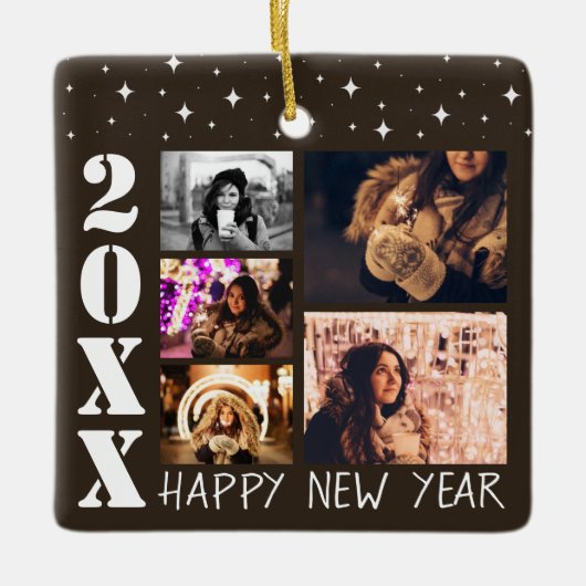 Modern Happy New Year 2026 5 Foto Collage Keramikornament (Vorderseite)
